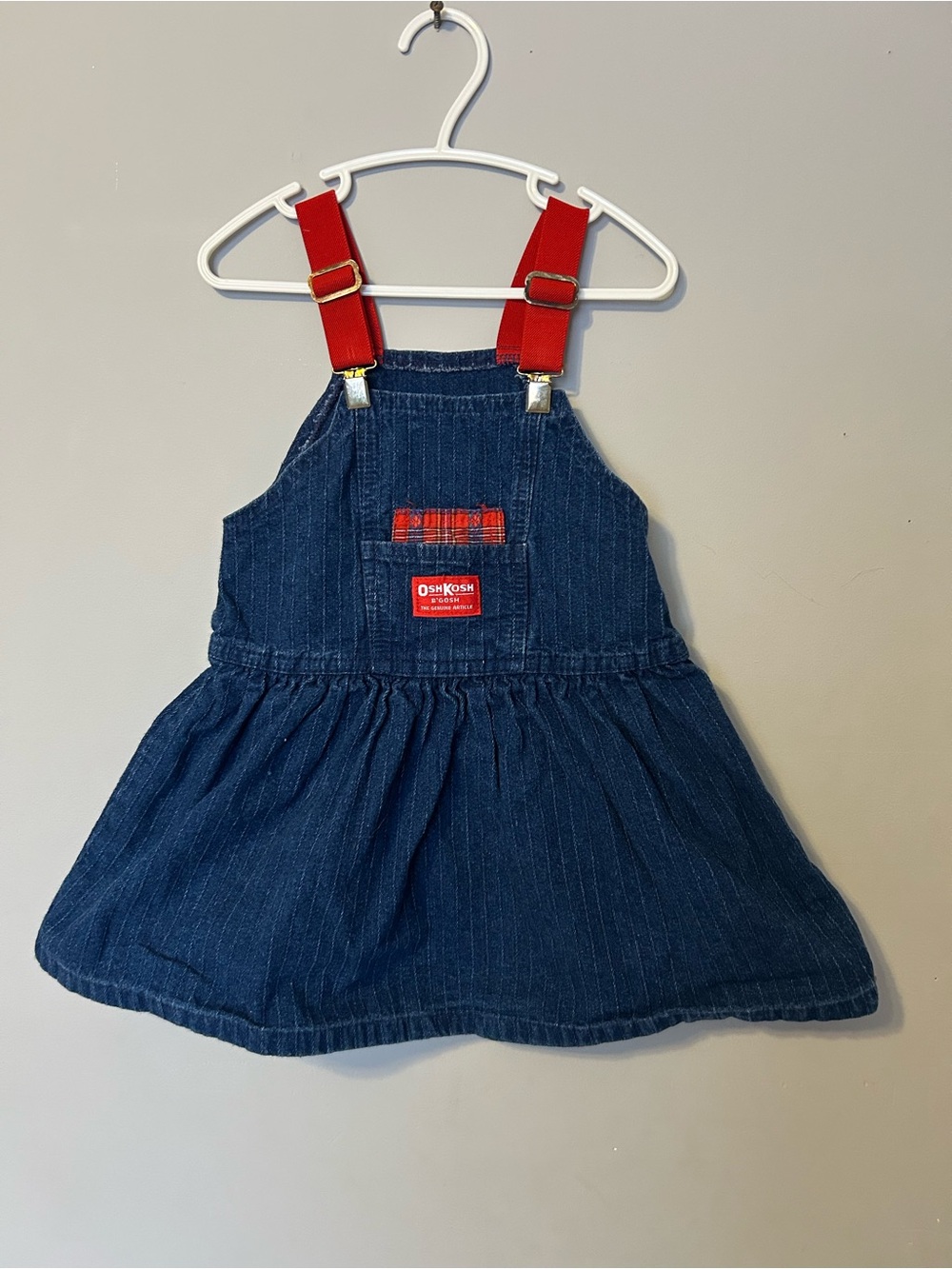 Vintage OshKosh B'gosh Dark Blue Denim Dress with Red Straps